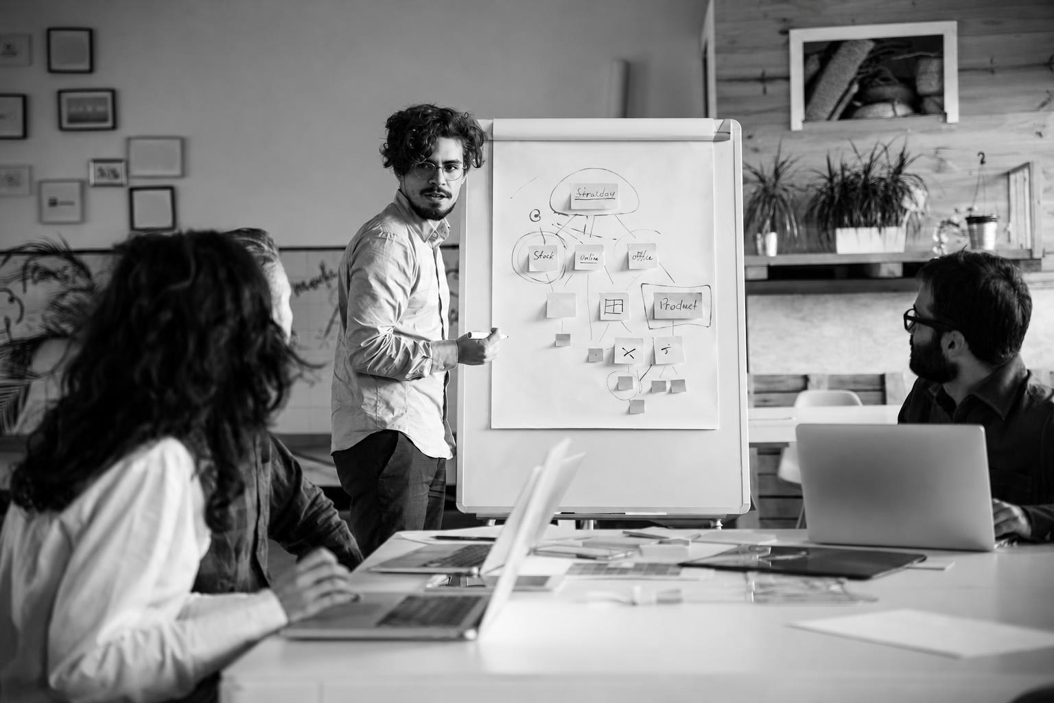 Startup team scoping product roadmap decisions on a whiteboard